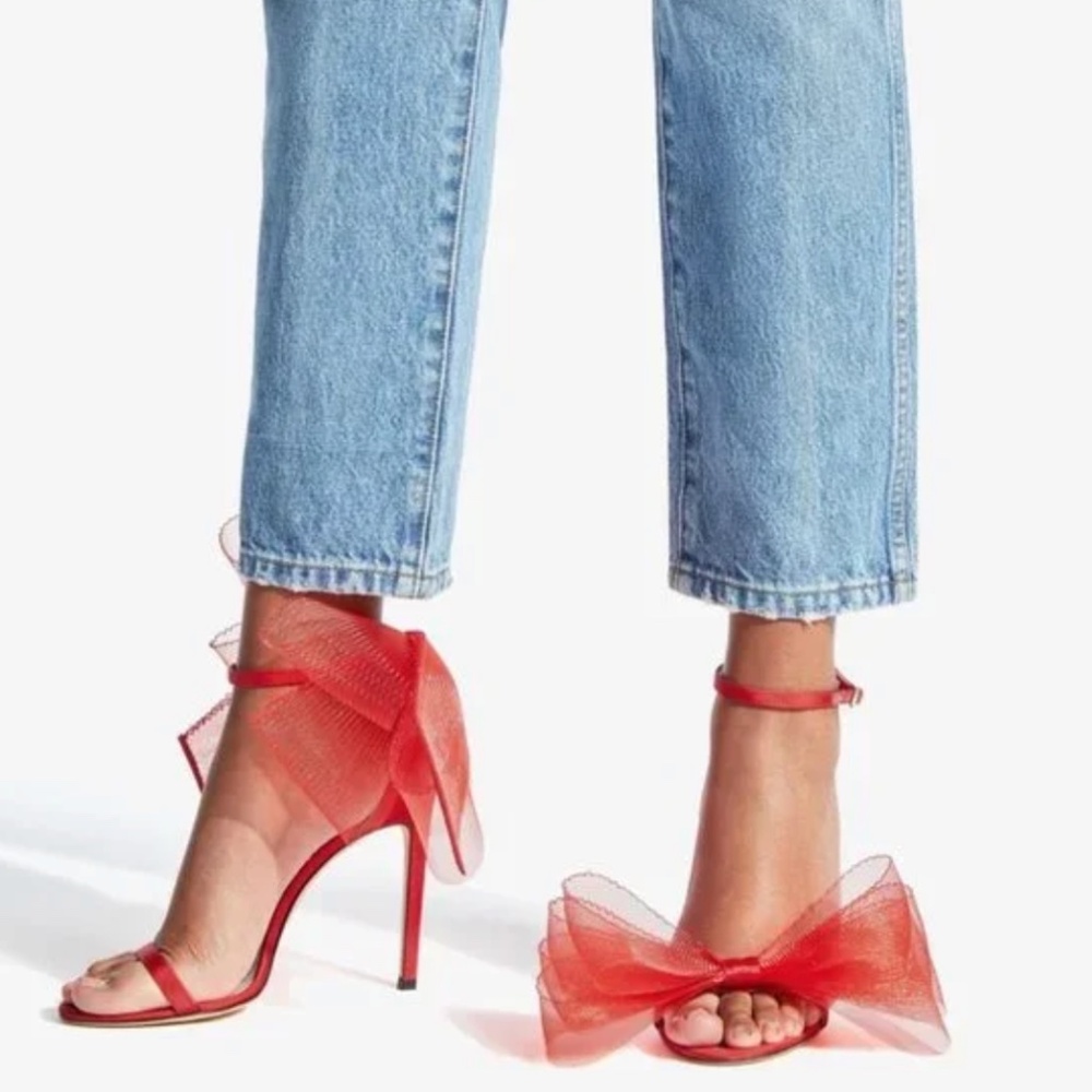 Jimmy Choo Aveline 100 Bow Ankle Strap Sandal Siletto Red (8) NWT